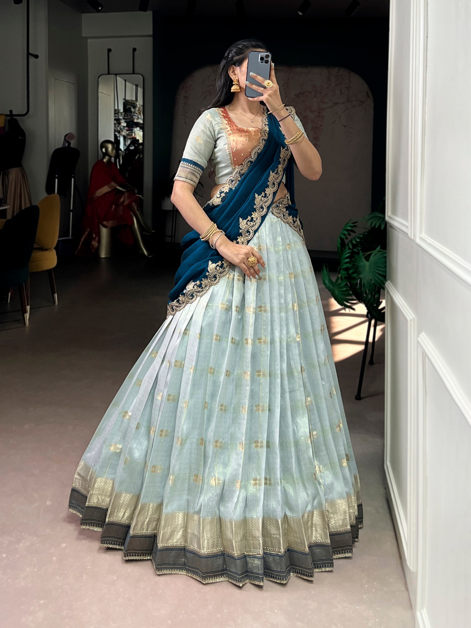 Teal Paithani Border Lehenga Choli Set with Ruby Blue Dupatta