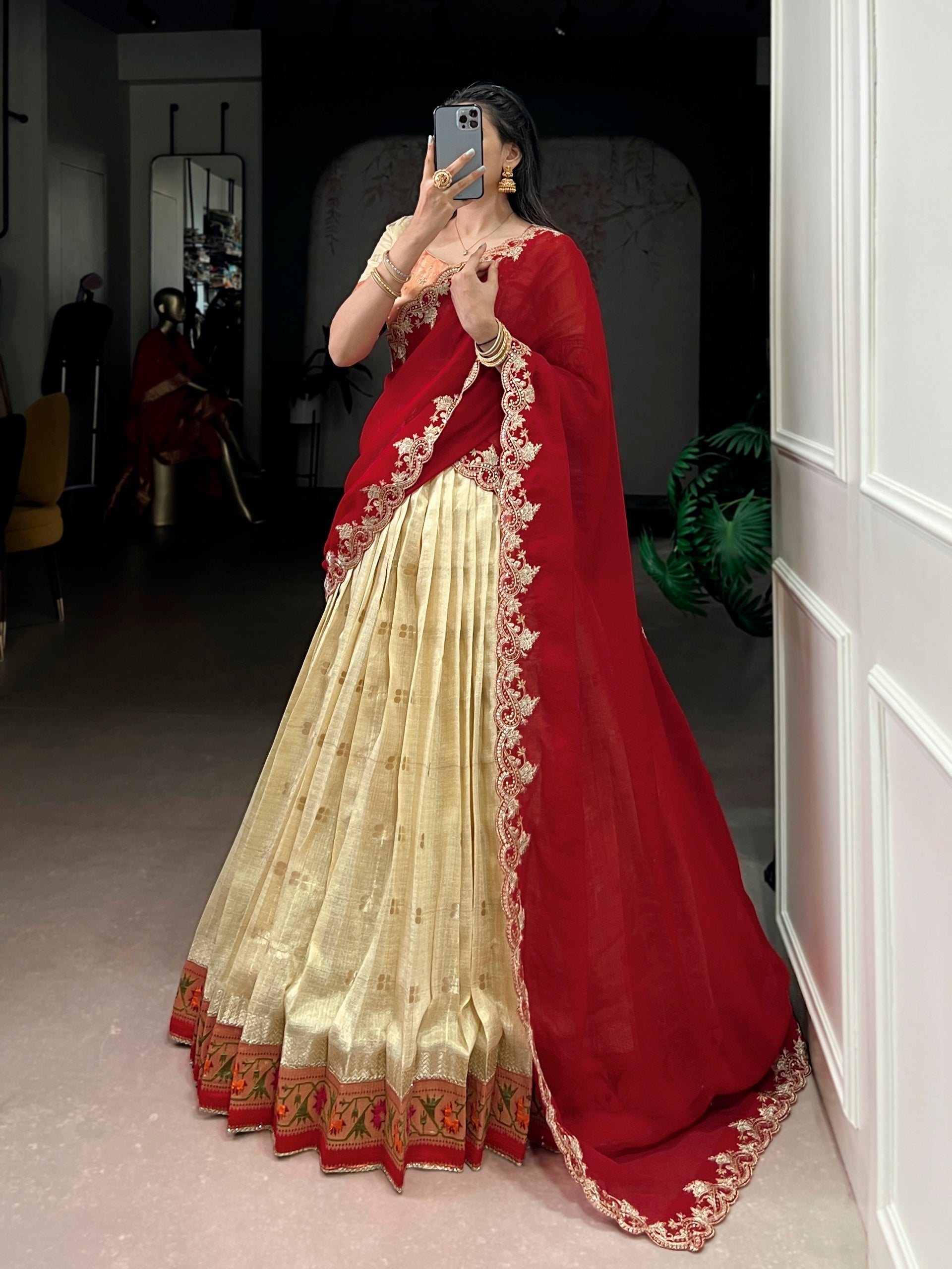 Pastel Gold Paithani Border Lehenga Choli Set with Ruby Red Dupatta