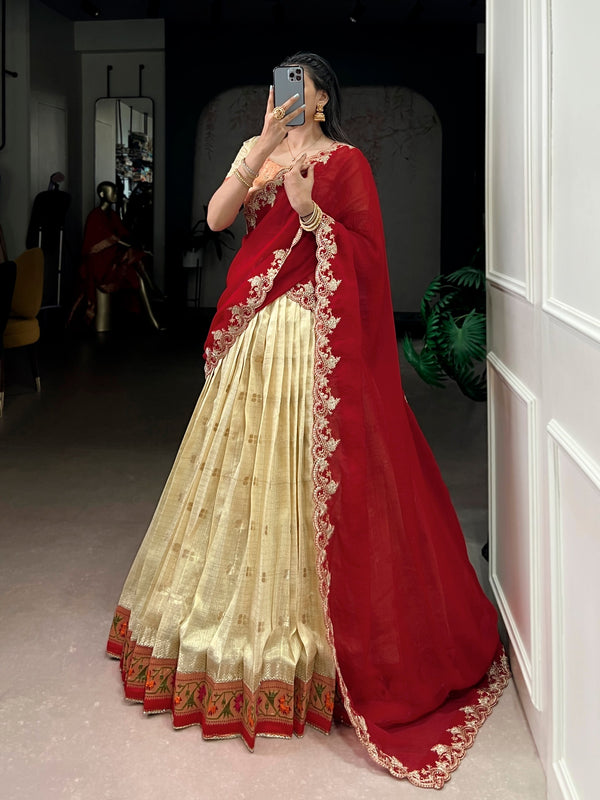 Pastel Gold Paithani Border Lehenga Choli Set with Ruby Red Dupatta