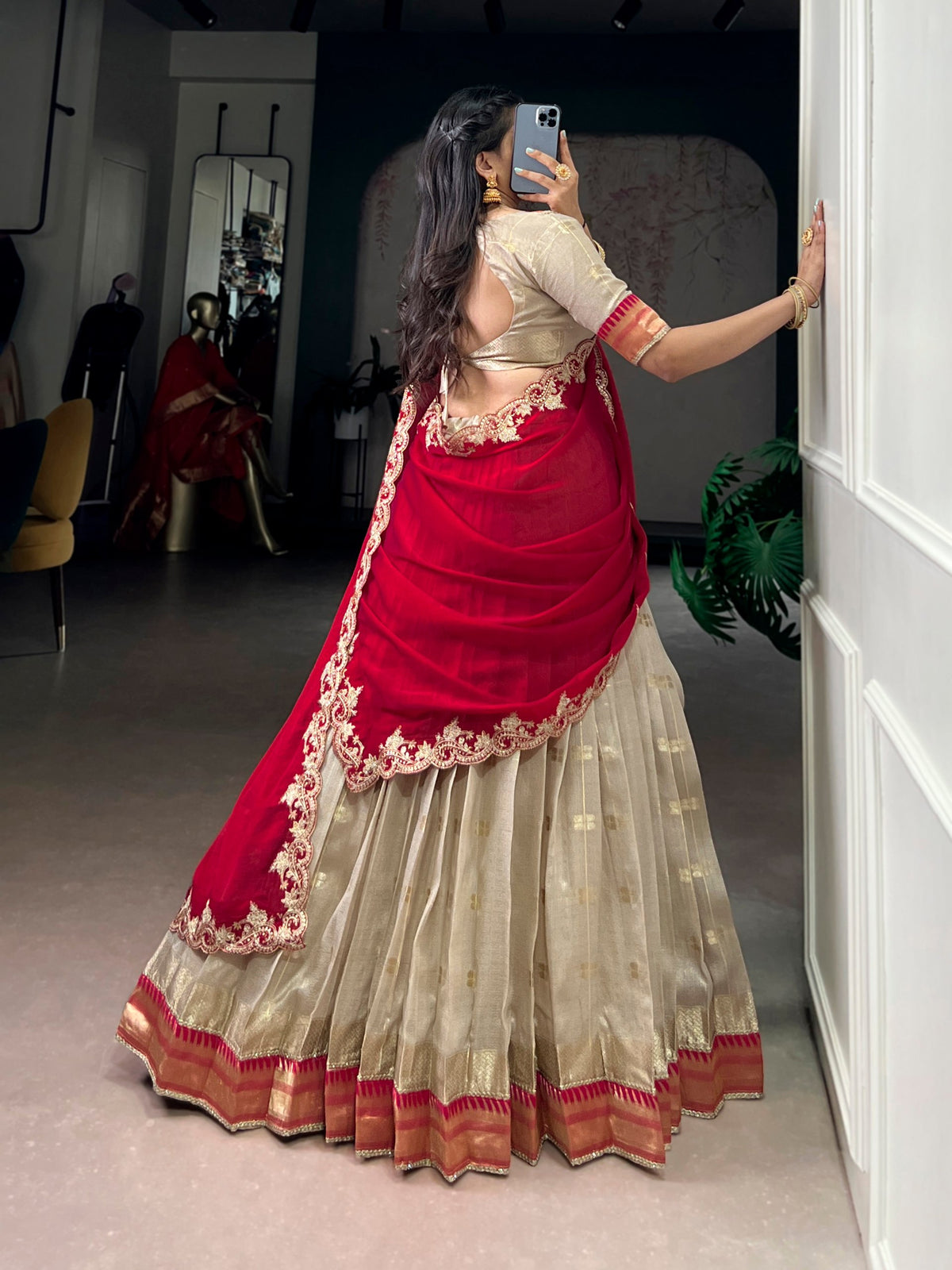Beige Paithani Border Lehenga Choli Set with Ruby Red Dupatta
