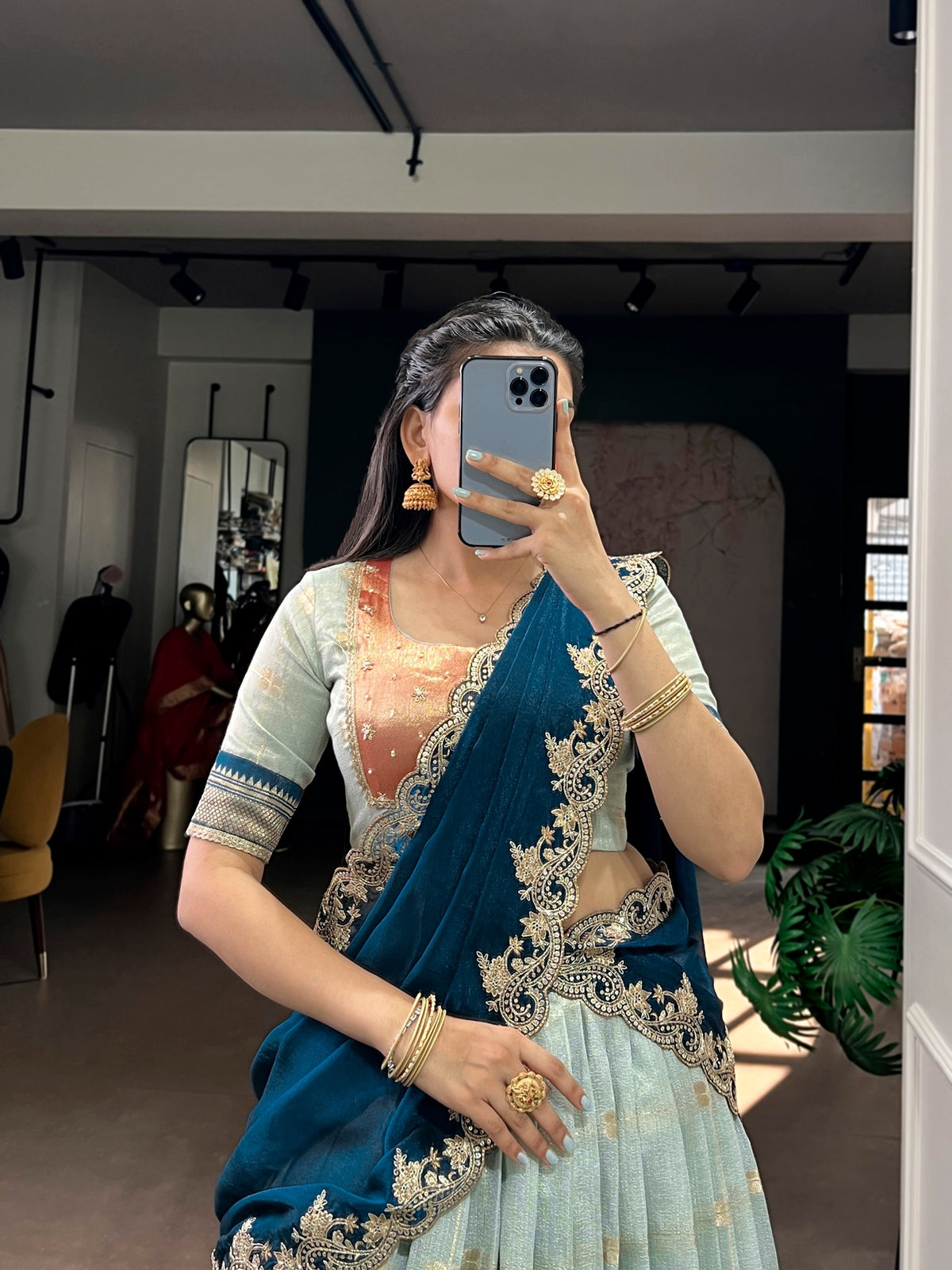 Teal Paithani Border Lehenga Choli Set with Ruby Blue Dupatta