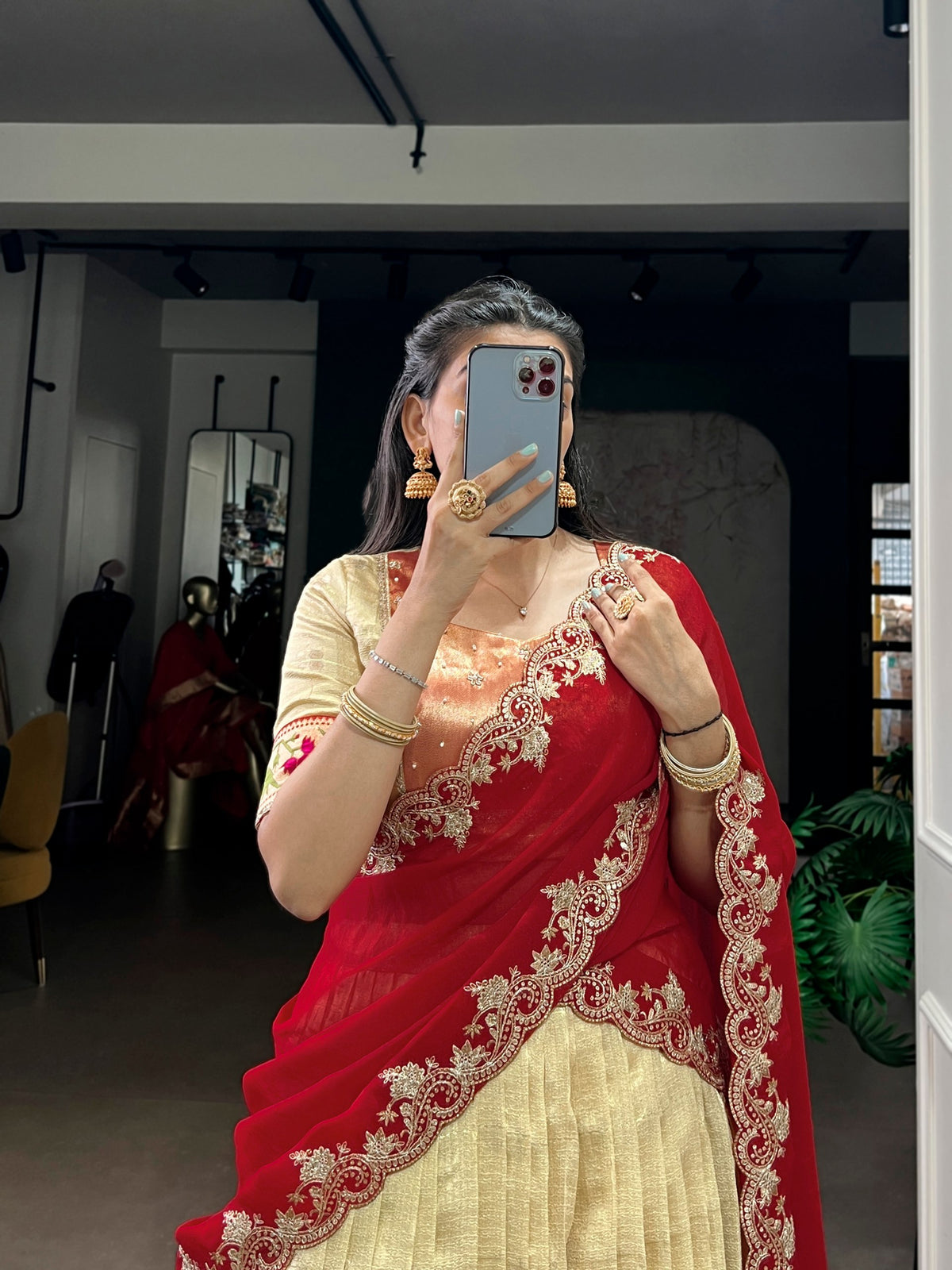 Pastel Gold Paithani Border Lehenga Choli Set with Ruby Red Dupatta