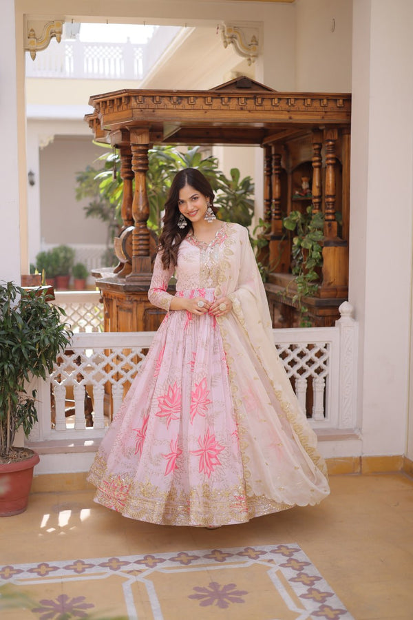 Pink Floral Printed Russian Silk Embroidered Gown with Dupatta