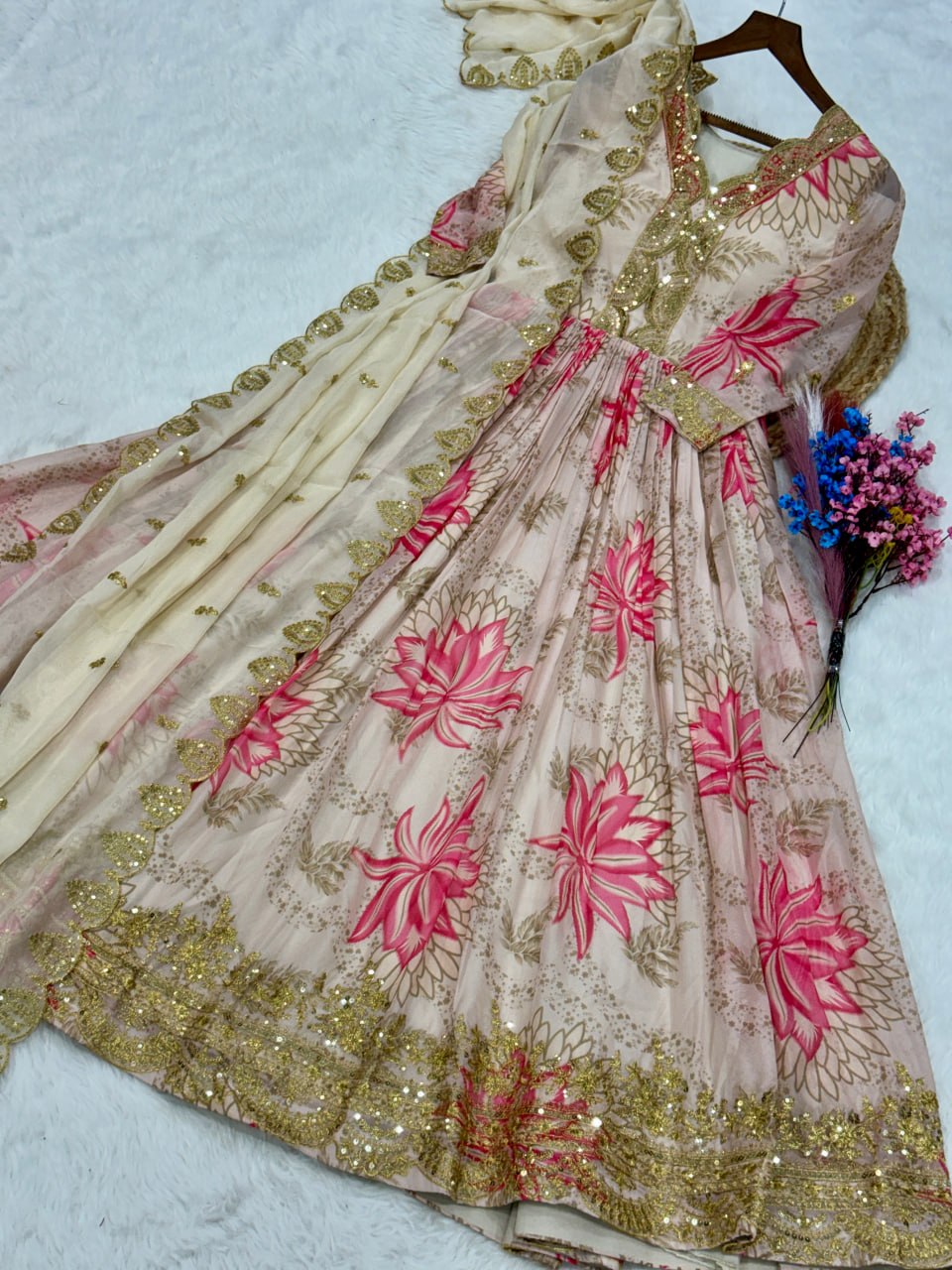 Pink Floral Printed Russian Silk Embroidered Gown with Dupatta