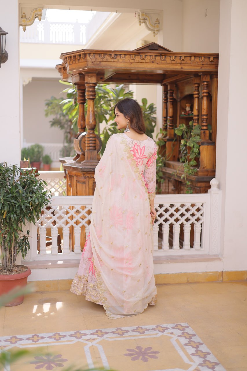 Pink Floral Printed Russian Silk Embroidered Gown with Dupatta