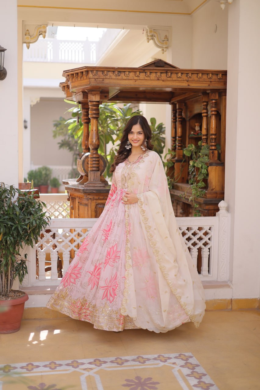 Pink Floral Printed Russian Silk Embroidered Gown with Dupatta