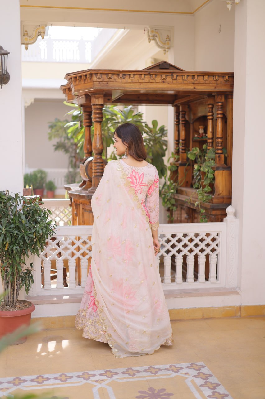 Pink Floral Printed Russian Silk Embroidered Gown with Dupatta