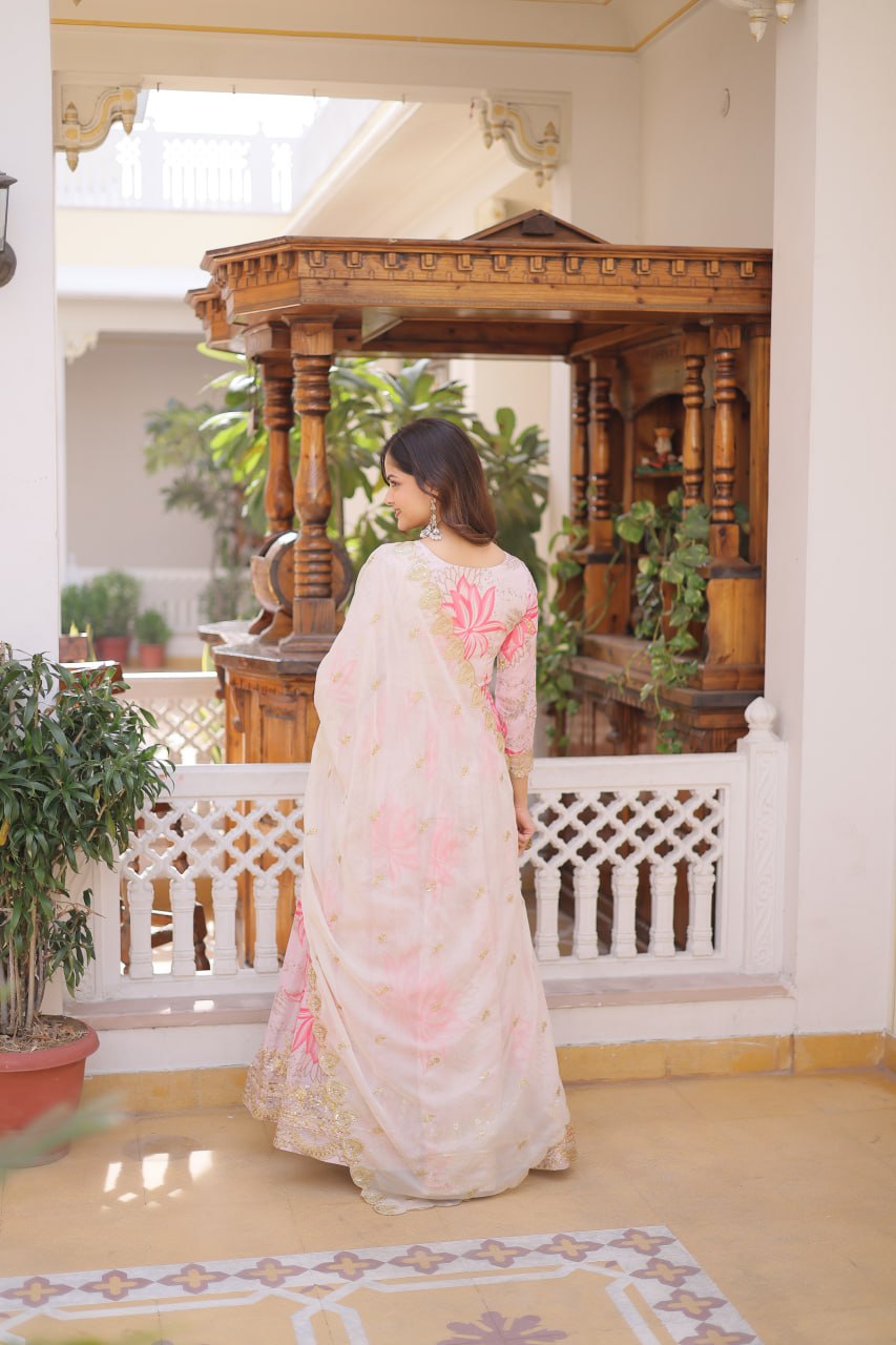 Pink Floral Printed Russian Silk Embroidered Gown with Dupatta