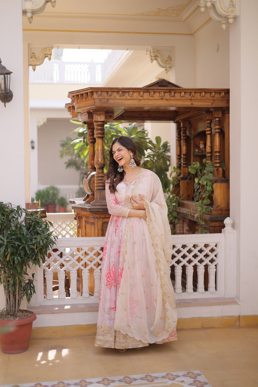 Pink Floral Printed Russian Silk Embroidered Gown with Dupatta