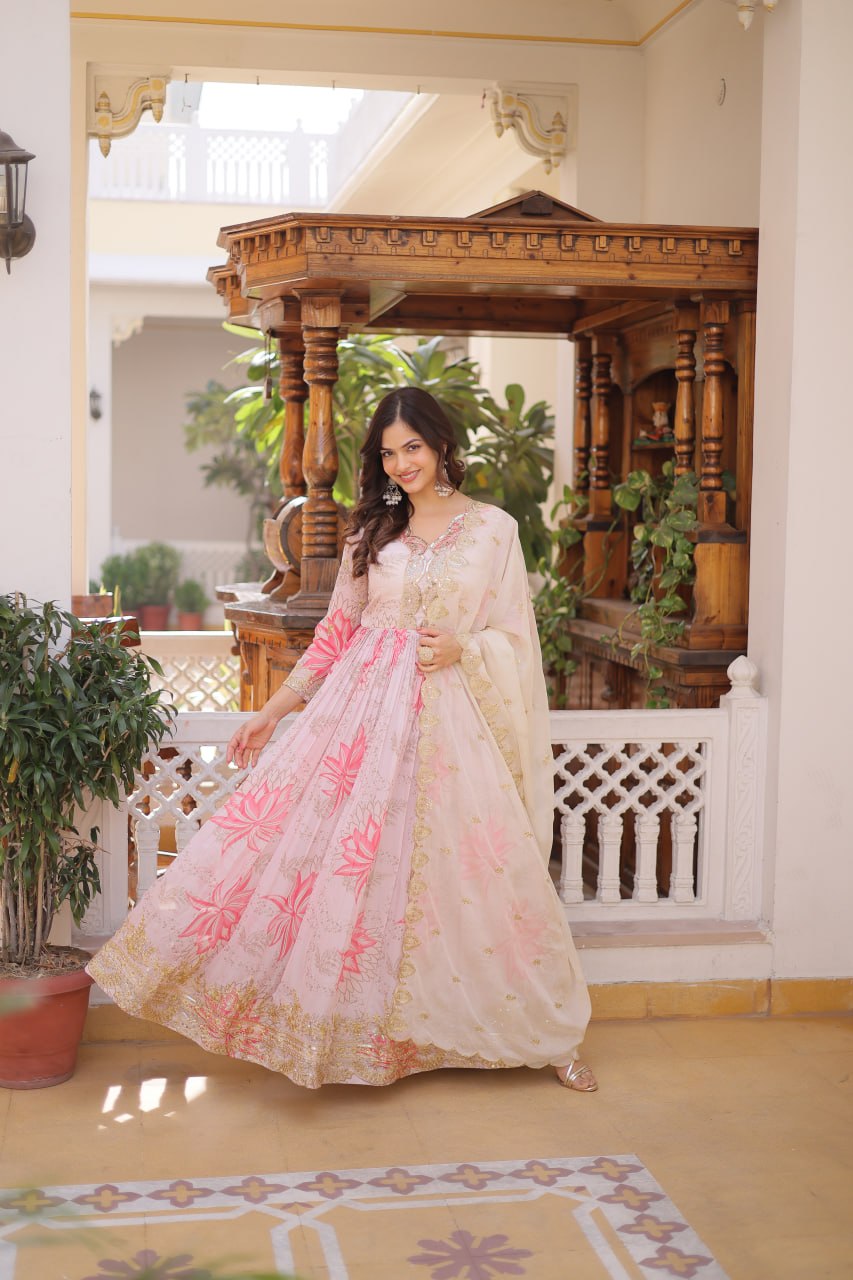 Pink Floral Printed Russian Silk Embroidered Gown with Dupatta