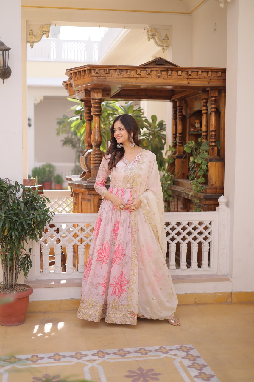 Pink Floral Printed Russian Silk Embroidered Gown with Dupatta