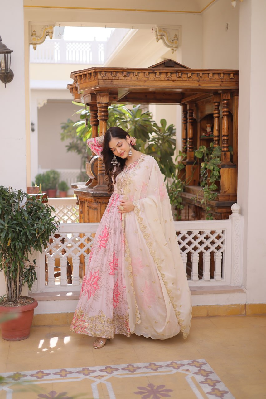 Pink Floral Printed Russian Silk Embroidered Gown with Dupatta