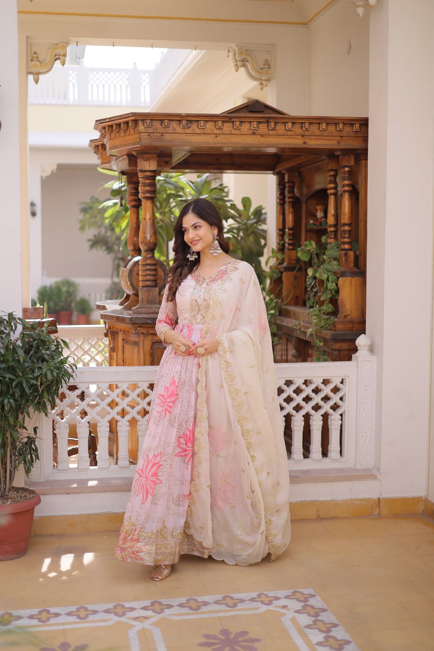 Pink Floral Printed Russian Silk Embroidered Gown with Dupatta