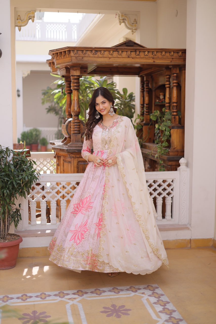 Pink Floral Printed Russian Silk Embroidered Gown with Dupatta