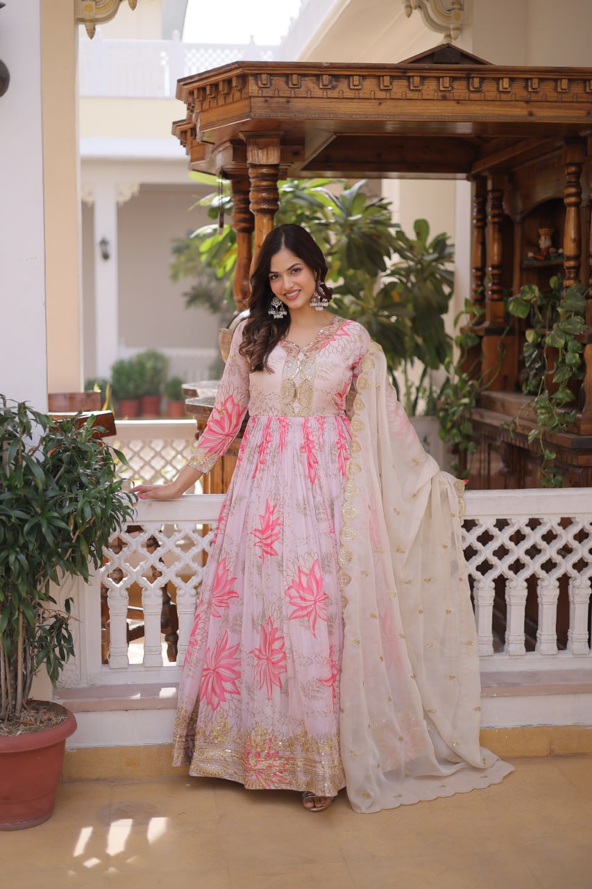 Pink Floral Printed Russian Silk Embroidered Gown with Dupatta