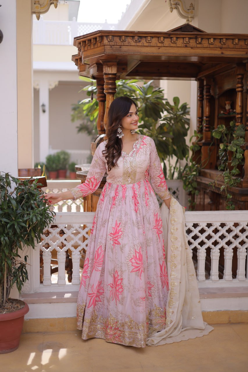 Pink Floral Printed Russian Silk Embroidered Gown with Dupatta