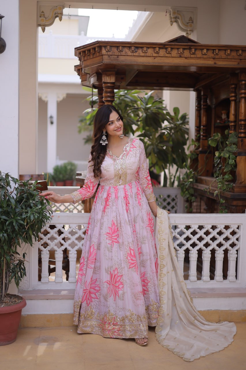 Pink Floral Printed Russian Silk Embroidered Gown with Dupatta