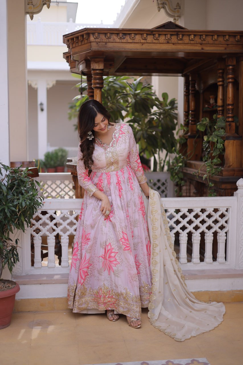 Pink Floral Printed Russian Silk Embroidered Gown with Dupatta