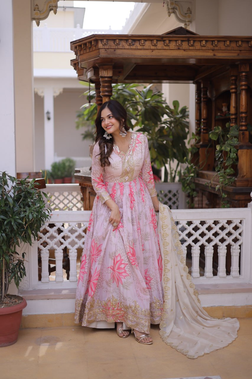 Pink Floral Printed Russian Silk Embroidered Gown with Dupatta
