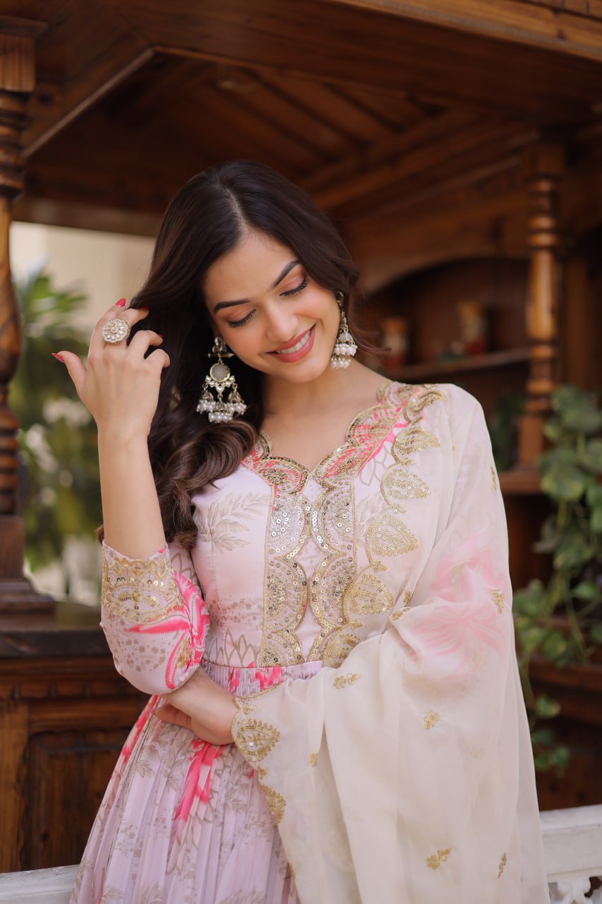 Pink Floral Printed Russian Silk Embroidered Gown with Dupatta
