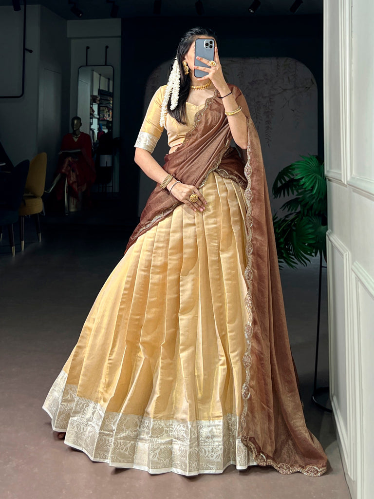 Light Golden Ivory Kanchipuram Zari Lehenga Choli Set with Mocha Dupatta