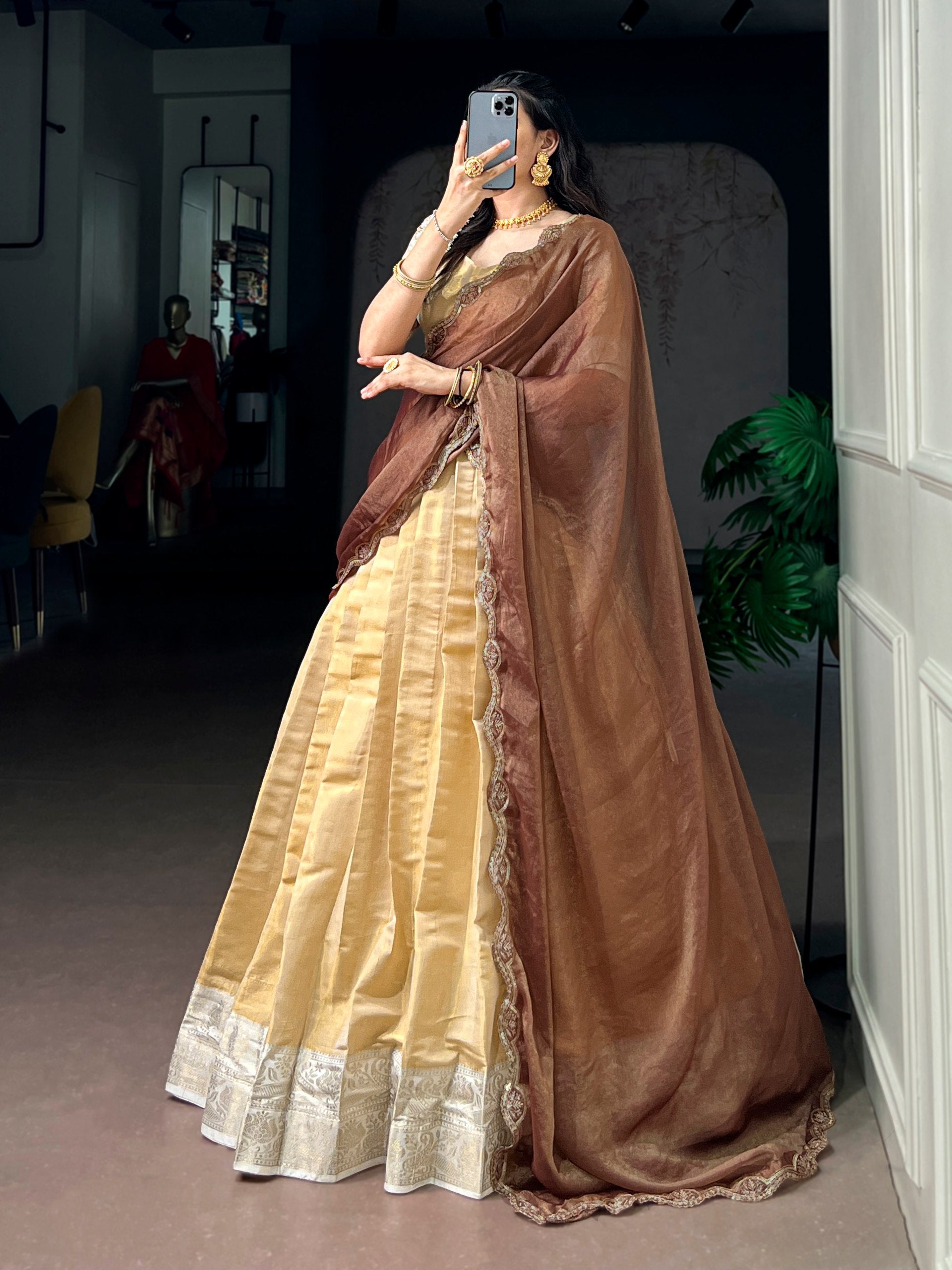 Light Golden Ivory Kanchipuram Zari Lehenga Choli Set with Mocha Dupatta