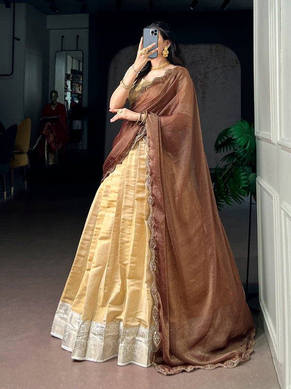 Light Golden Ivory Kanchipuram Zari Lehenga Choli Set with Mocha Dupatta