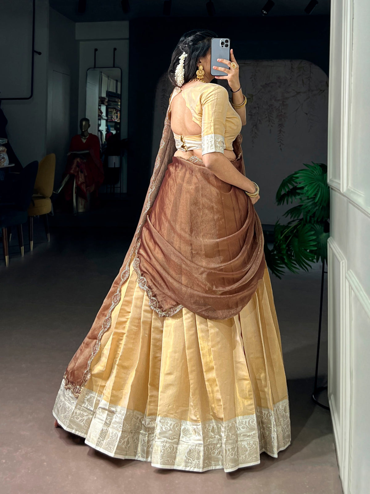 Light Golden Ivory Kanchipuram Zari Lehenga Choli Set with Mocha Dupatta