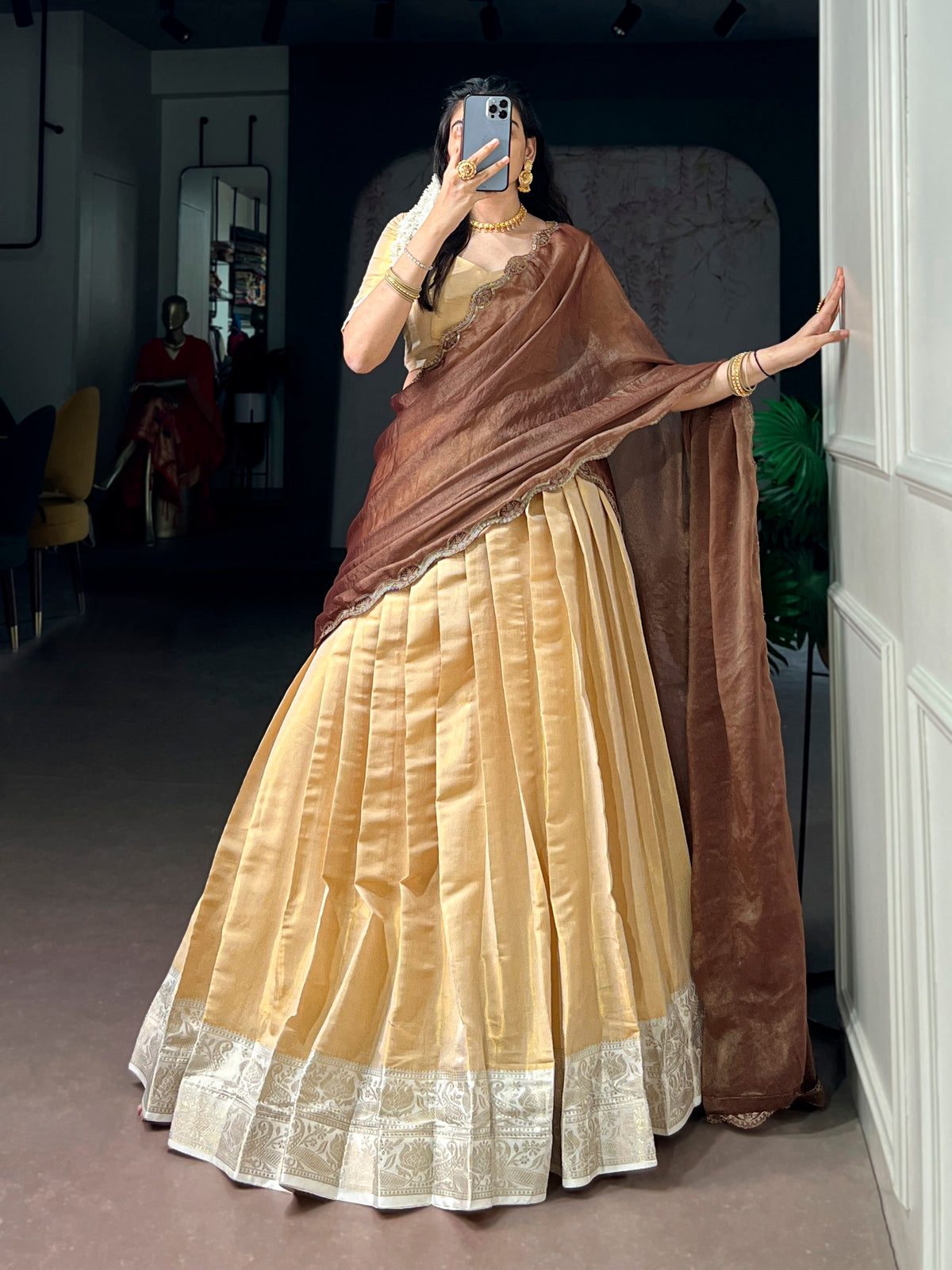 Light Golden Ivory Kanchipuram Zari Lehenga Choli Set with Mocha Dupatta