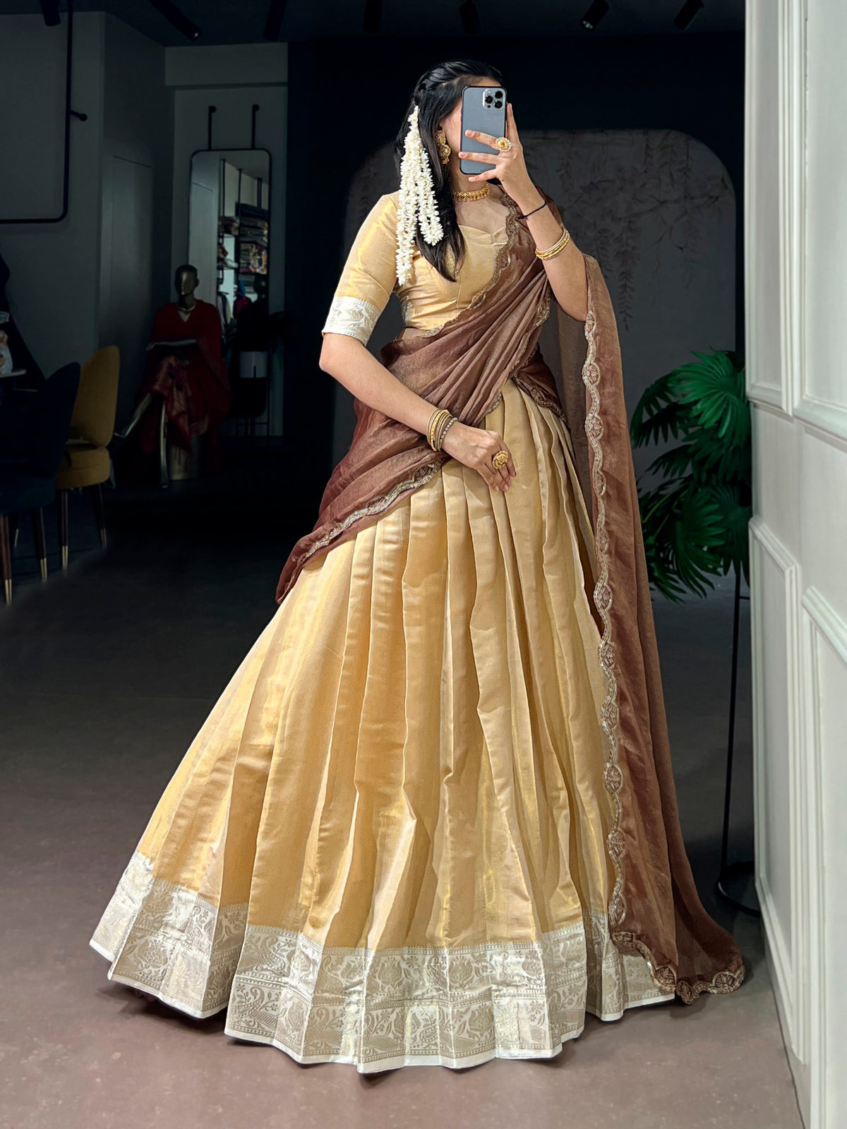 Light Golden Ivory Kanchipuram Zari Lehenga Choli Set with Mocha Dupatta