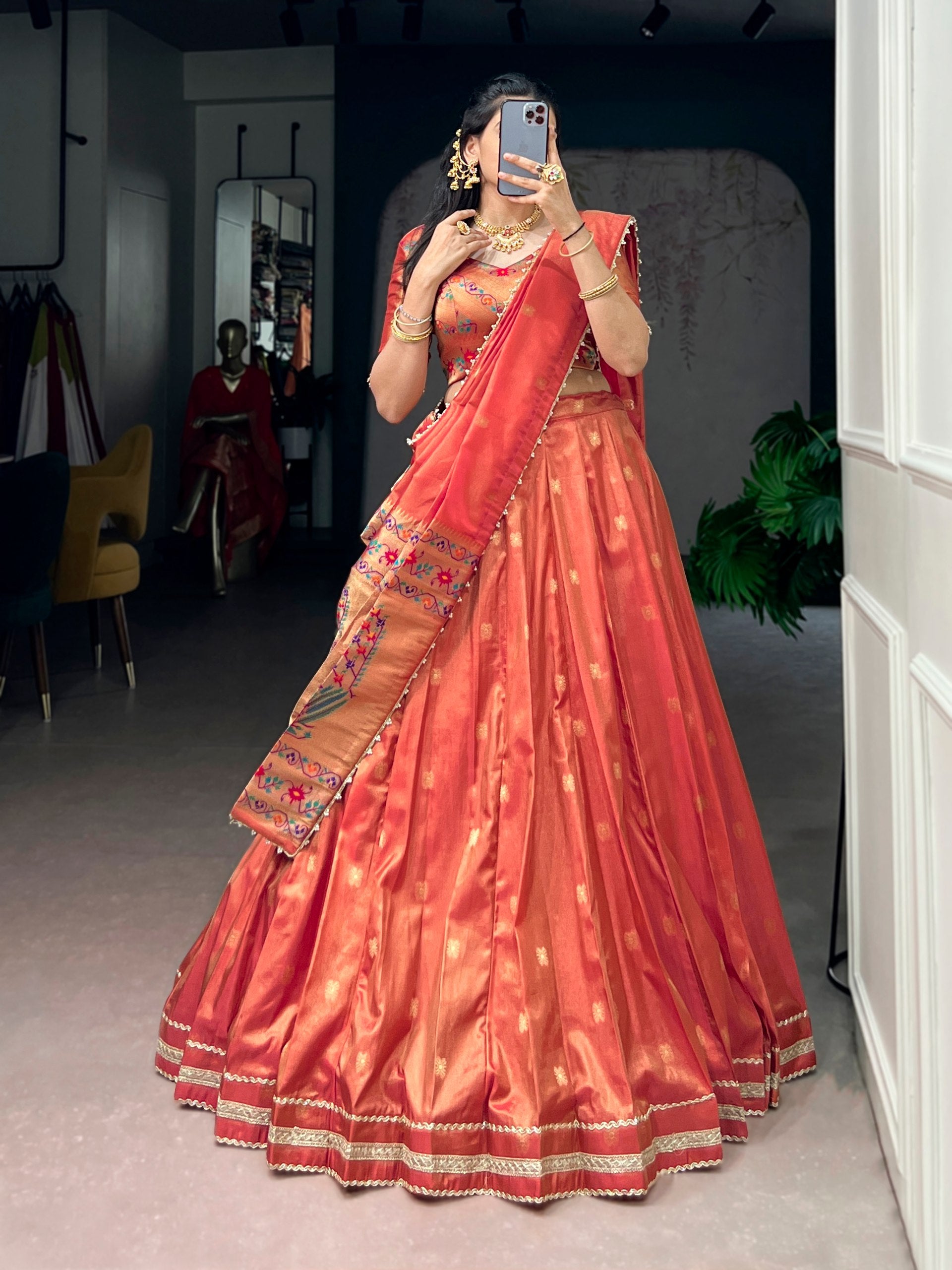 Peach Paithani Shimmer Lehenga Choli Set with Pearl Dupatta