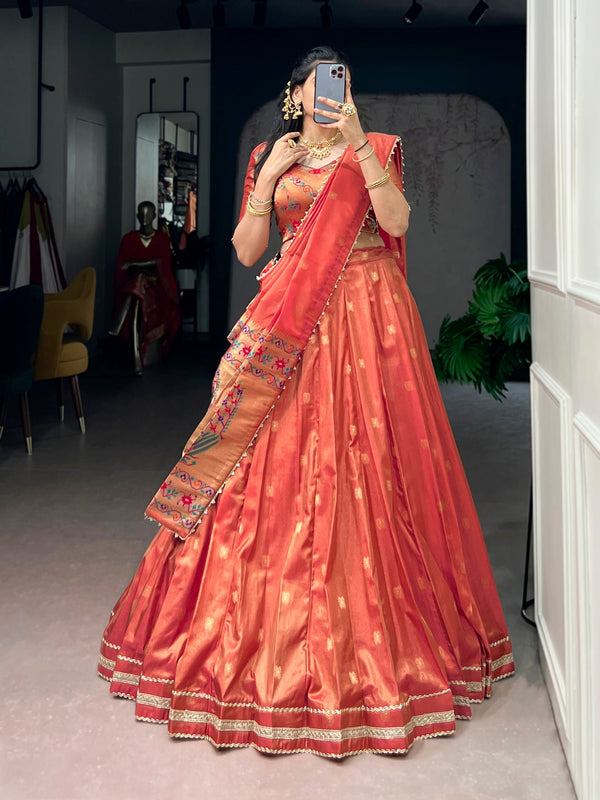 Peach Paithani Shimmer Lehenga Choli Set with Pearl Dupatta