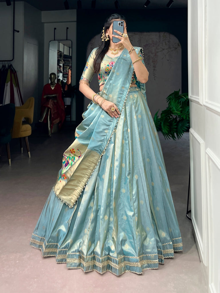 Sky Blue Paithani Shimmer Lehenga Choli Set with Pearl Dupatta
