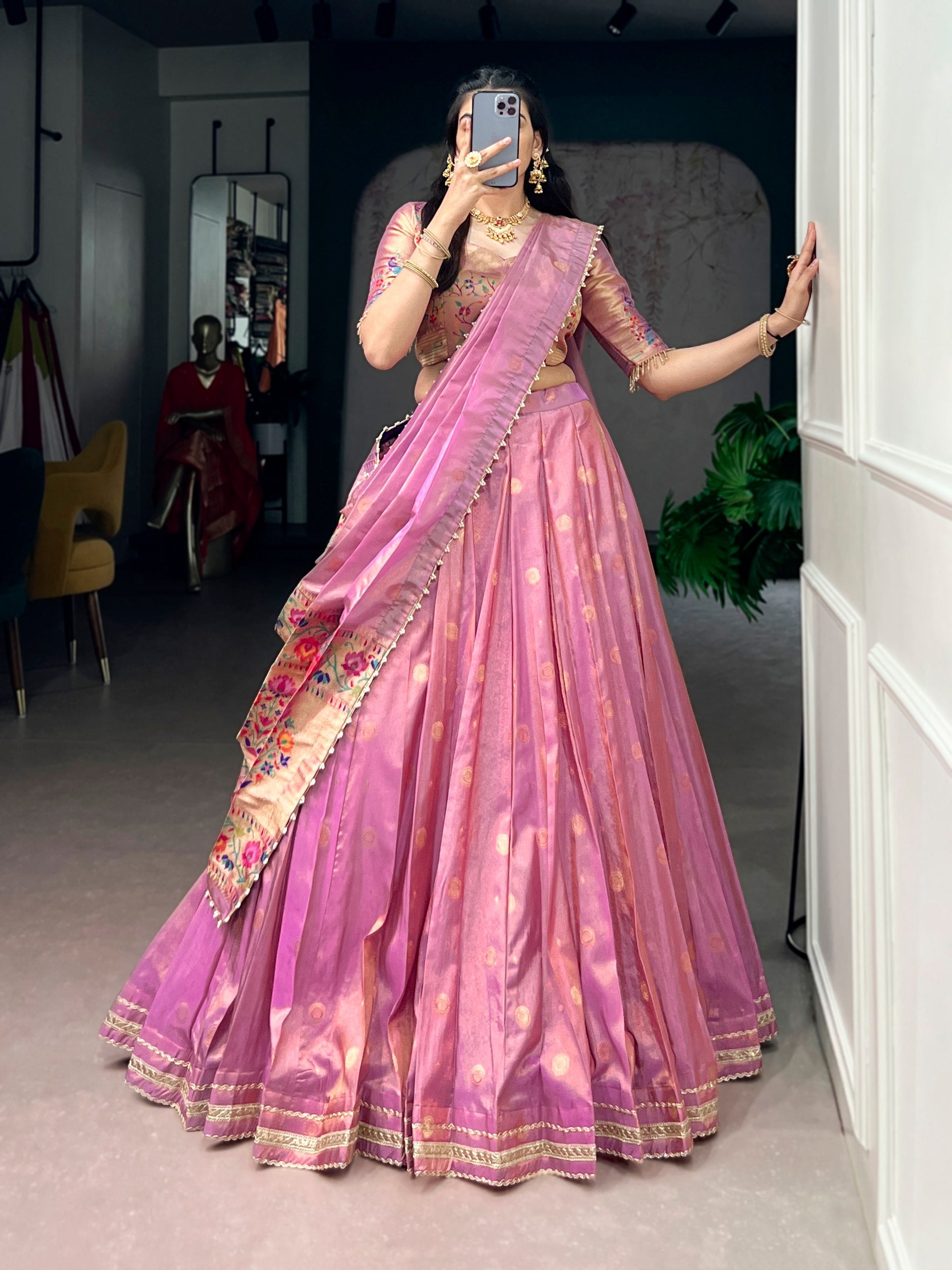 Pink Paithani Shimmer Lehenga Choli Set with Pearl Dupatta