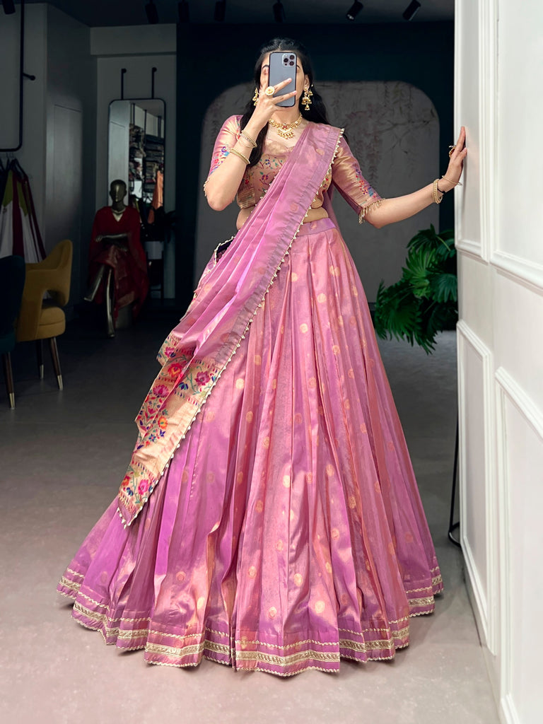 Pink Paithani Shimmer Lehenga Choli Set with Pearl Dupatta