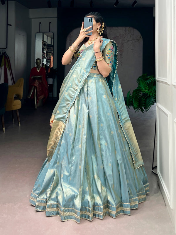 Sky Blue Paithani Shimmer Lehenga Choli Set with Pearl Dupatta