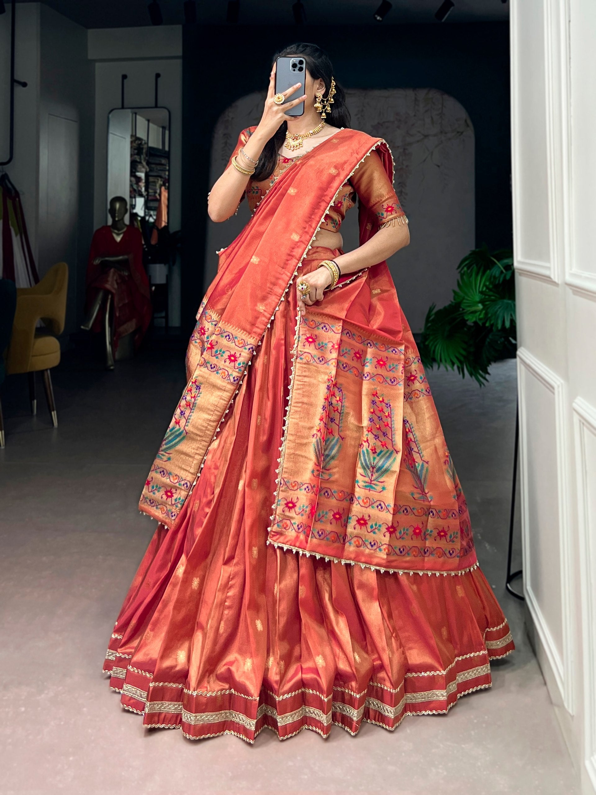 Peach Paithani Shimmer Lehenga Choli Set with Pearl Dupatta
