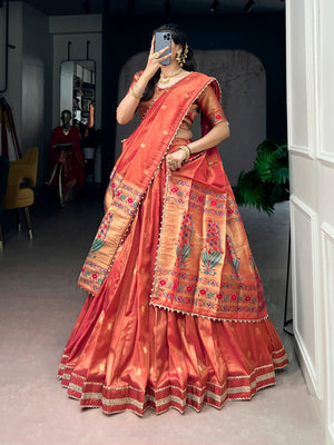 Peach Paithani Shimmer Lehenga Choli Set with Pearl Dupatta