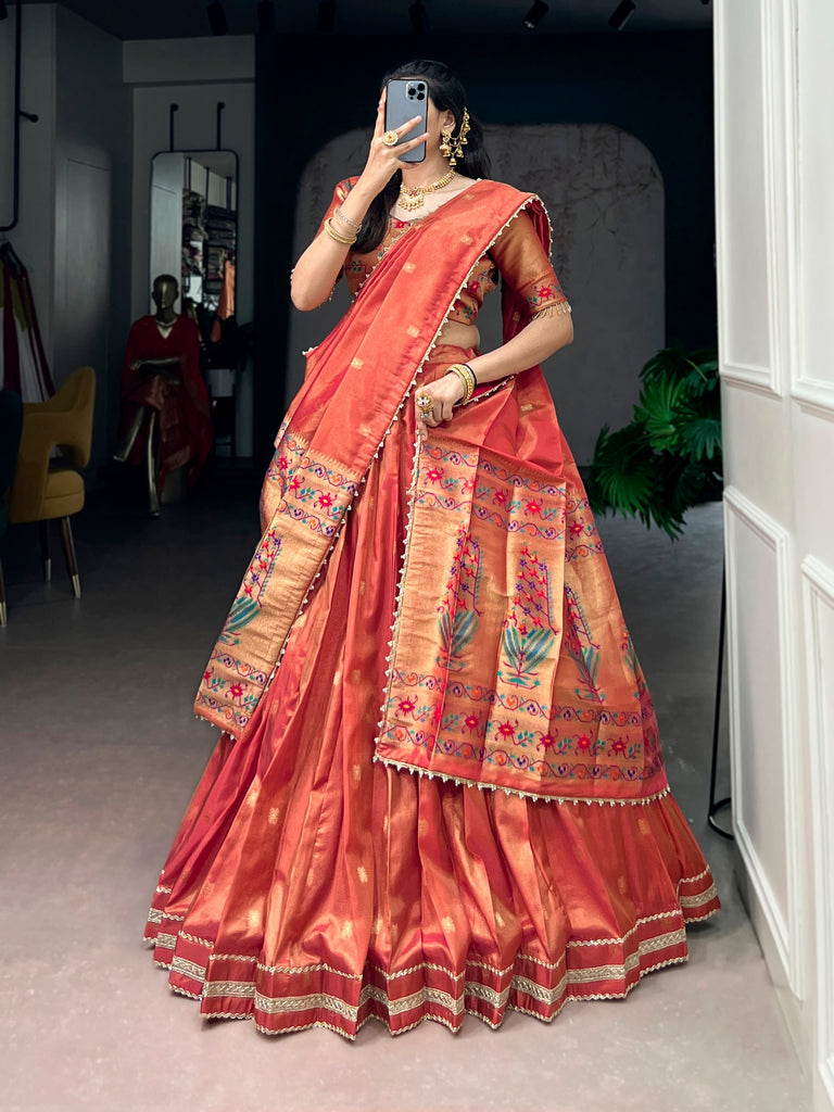 Peach Paithani Shimmer Lehenga Choli Set with Pearl Dupatta