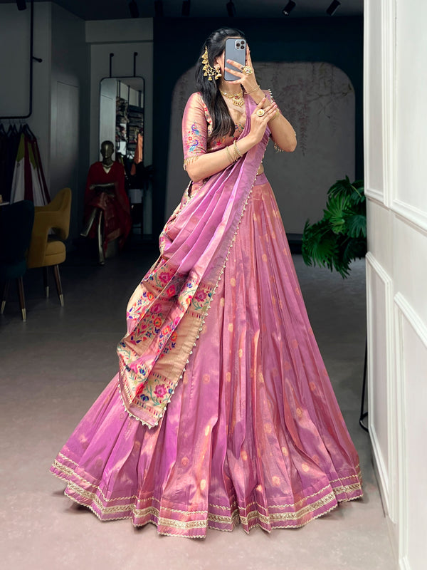 Pink Paithani Shimmer Lehenga Choli Set with Pearl Dupatta