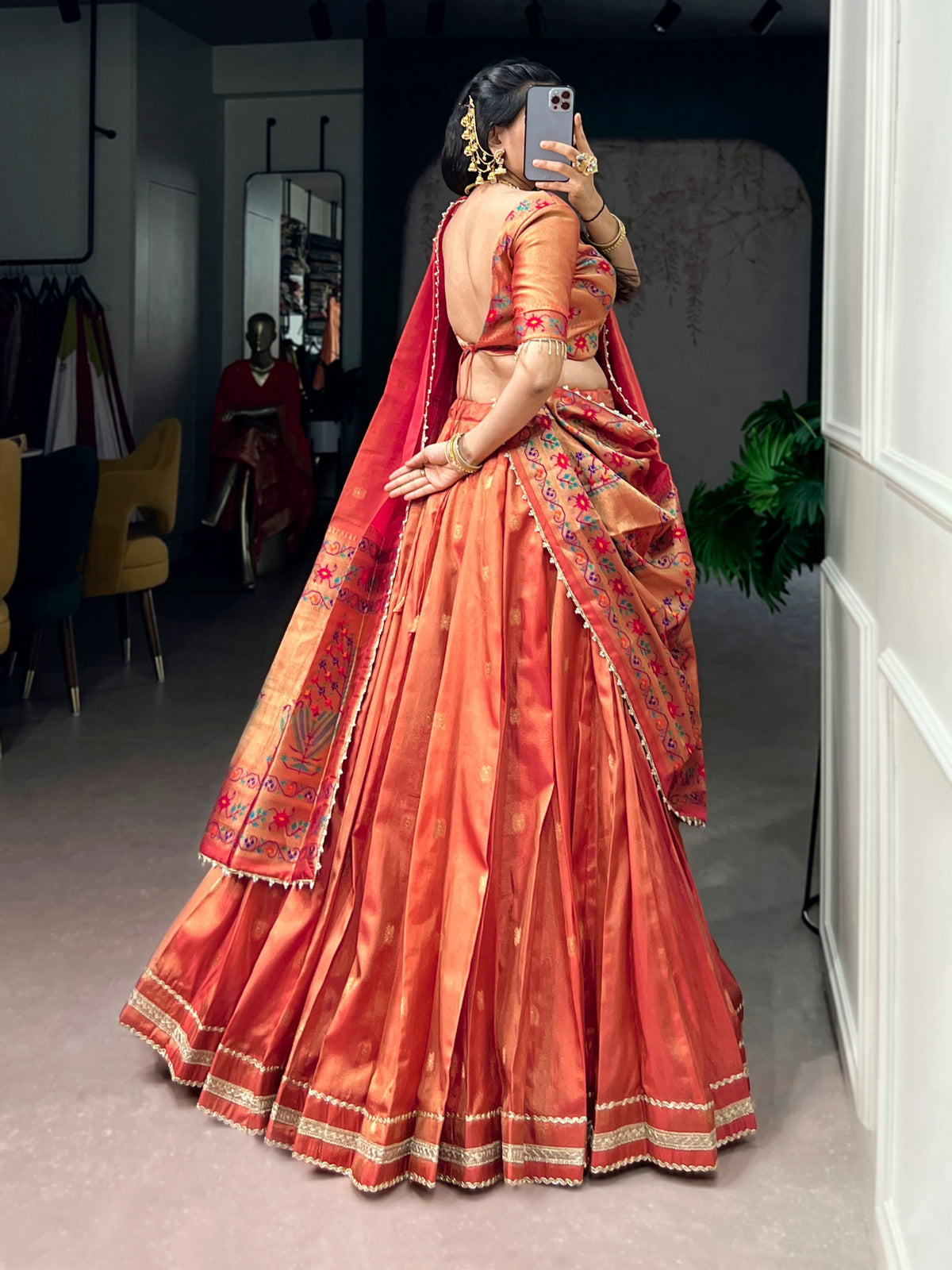 Peach Paithani Shimmer Lehenga Choli Set with Pearl Dupatta