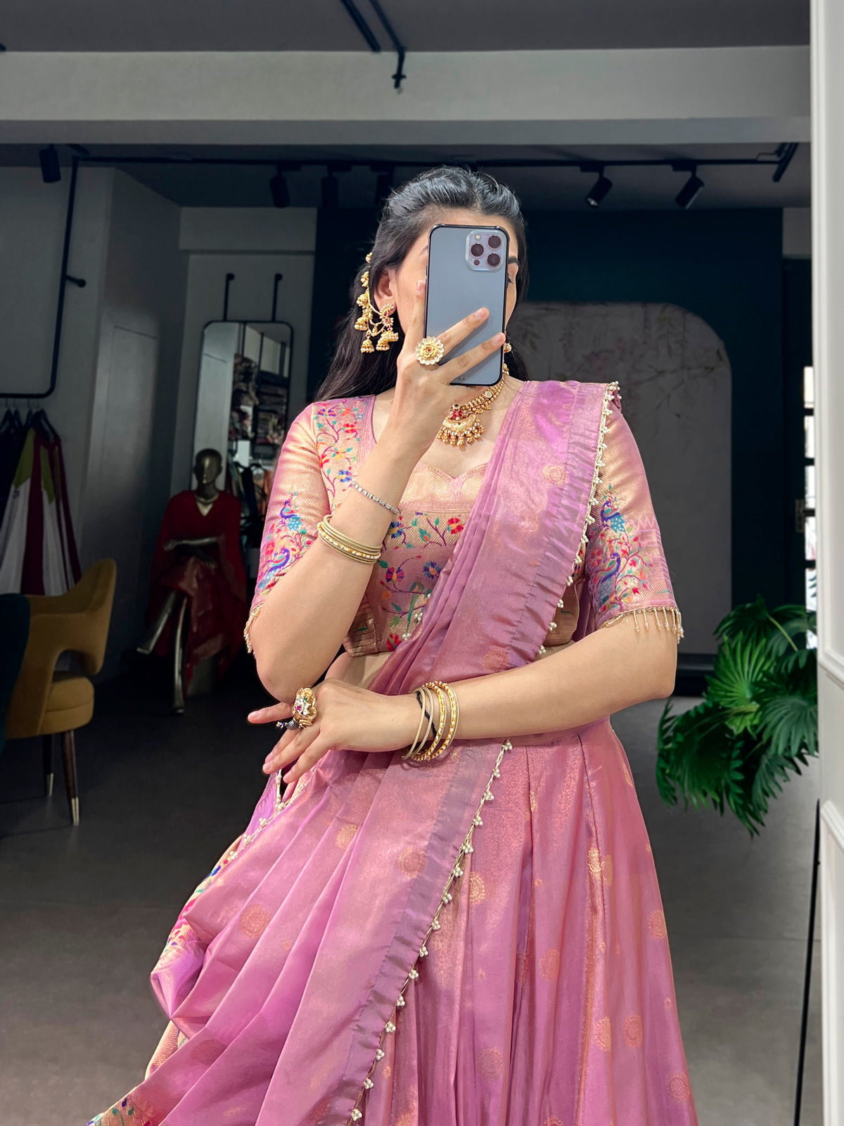Pink Paithani Shimmer Lehenga Choli Set with Pearl Dupatta