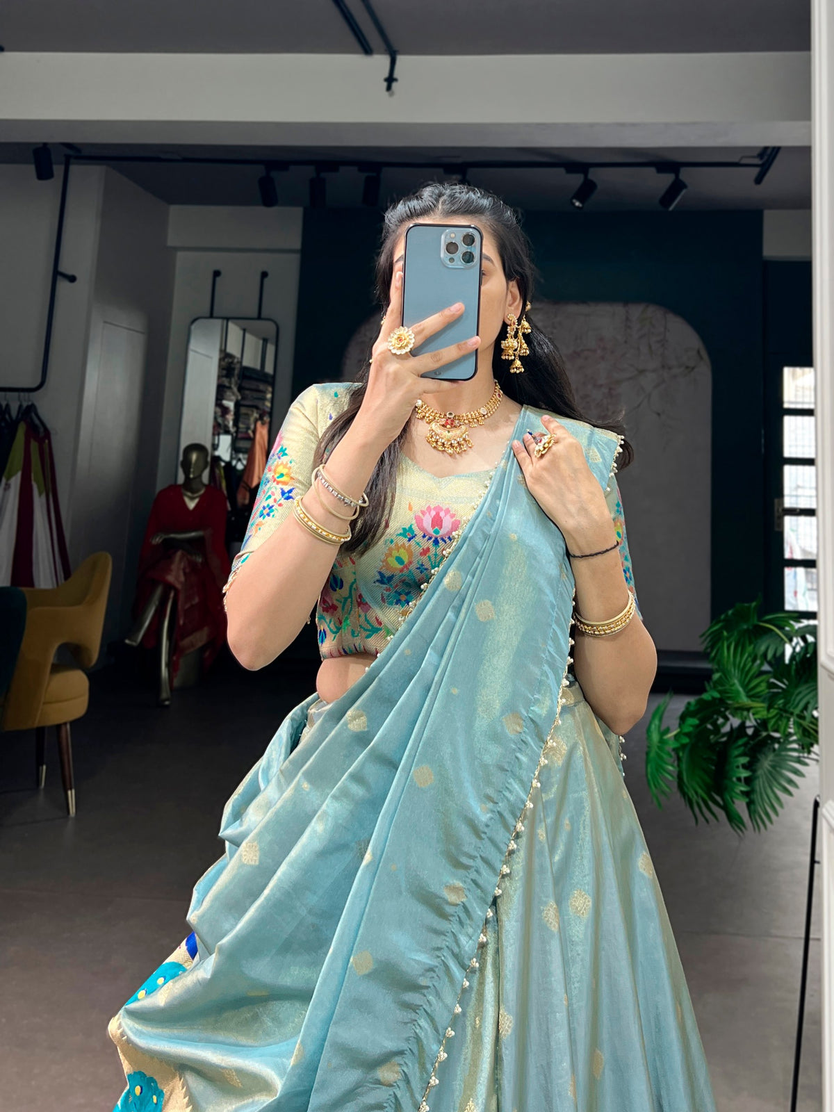Sky Blue Paithani Shimmer Lehenga Choli Set with Pearl Dupatta