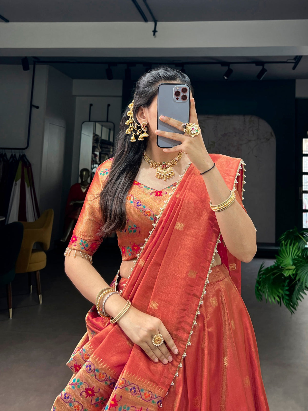 Peach Paithani Shimmer Lehenga Choli Set with Pearl Dupatta