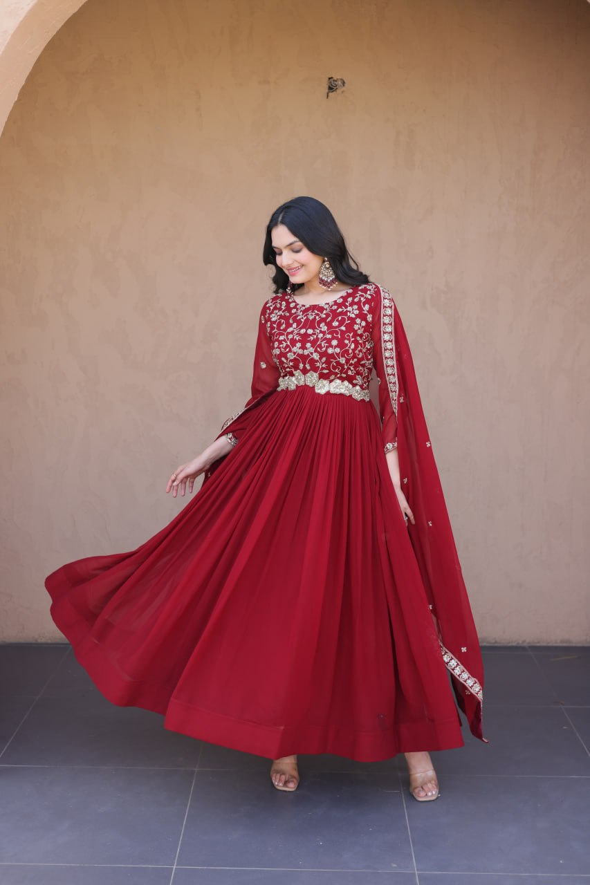Maroon Pipe Bead Embroidered Faux Blooming Gown with Dupatta