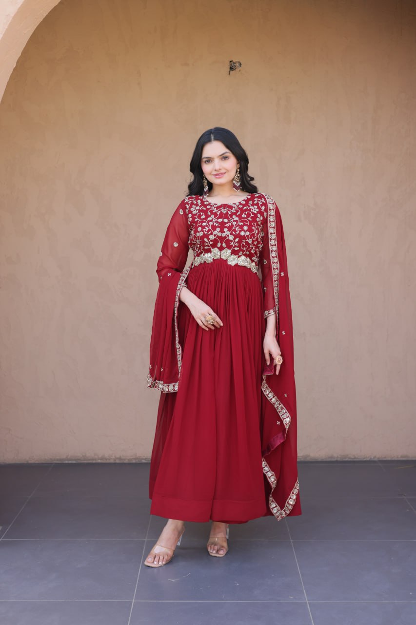 Maroon Pipe Bead Embroidered Faux Blooming Gown with Dupatta