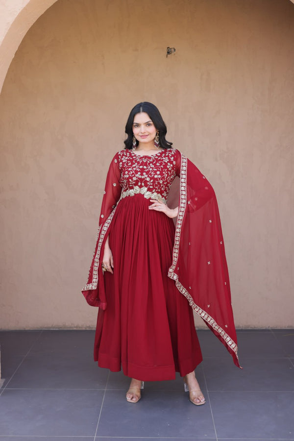 Maroon Pipe Bead Embroidered Faux Blooming Gown with Dupatta