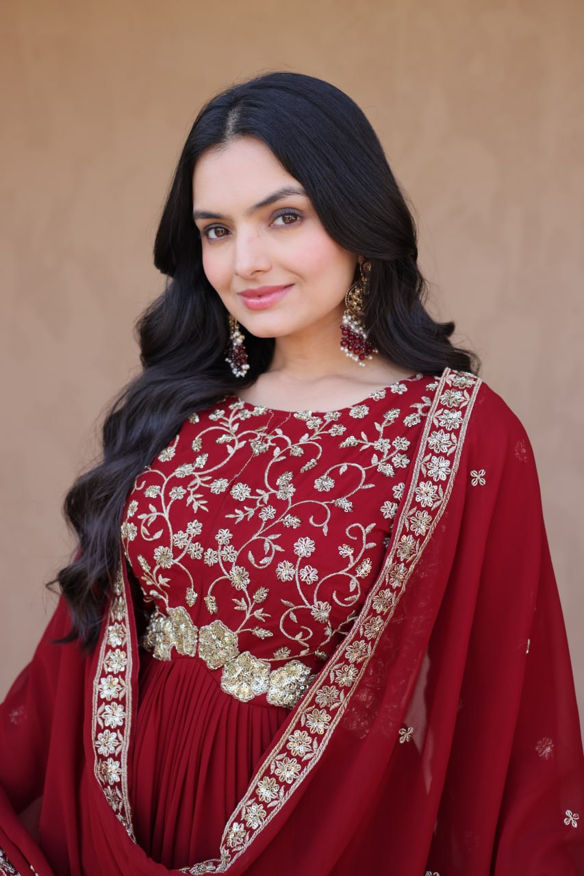 Maroon Pipe Bead Embroidered Faux Blooming Gown with Dupatta