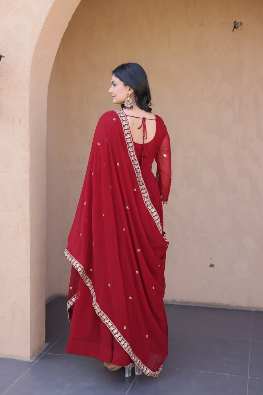 Maroon Pipe Bead Embroidered Faux Blooming Gown with Dupatta