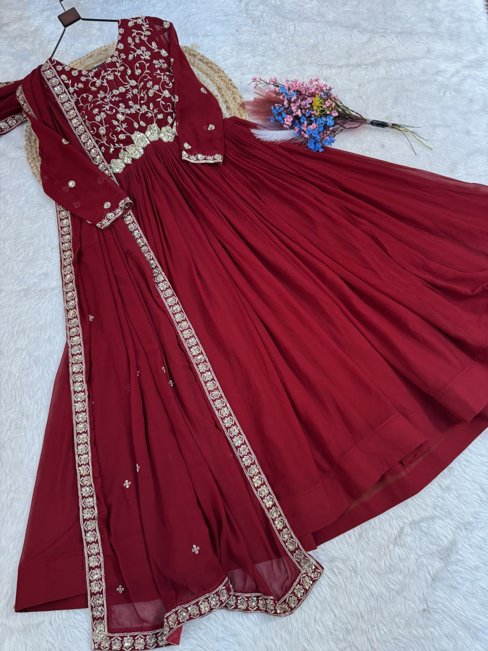 Maroon Pipe Bead Embroidered Faux Blooming Gown with Dupatta